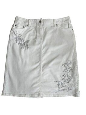 ANN TAYLOR LOFT White Pencil Skirt Silver Embroidered Floral 5 Pocket Denim 10